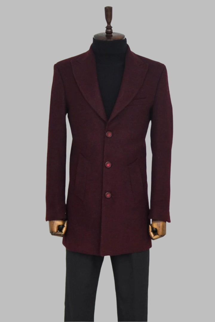 WSS Wide Lapel Wool Burgundy Men Coat  - Singen