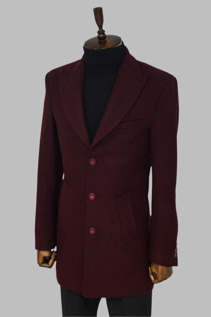 WSS Wide Lapel Wool Burgundy Men Coat  - Singen