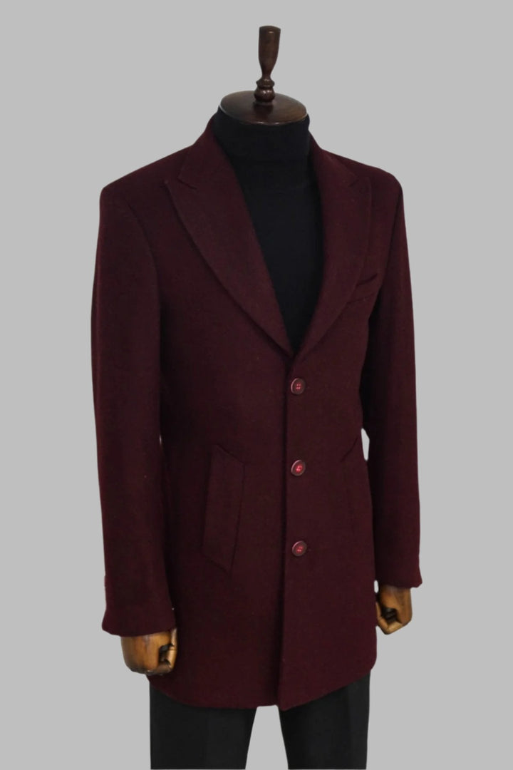 WSS Wide Lapel Wool Burgundy Men Coat  - Singen