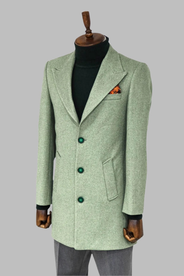 WSS Wide Lapel Wool Oil Green Men Coat  - Singen