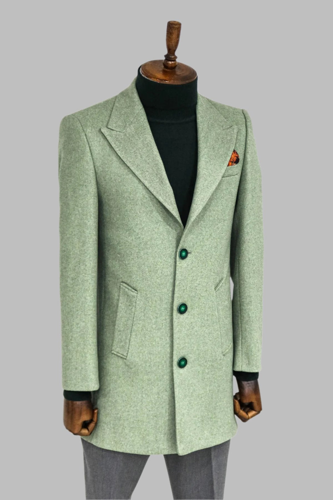 WSS Wide Lapel Wool Oil Green Men Coat  - Singen