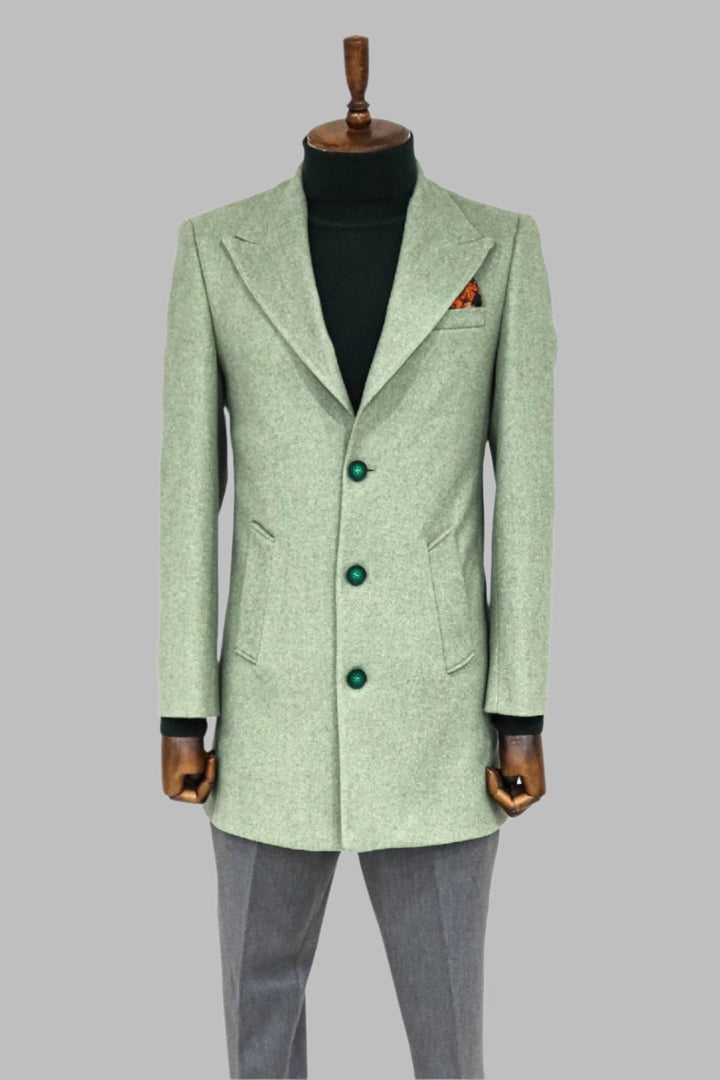 WSS Wide Lapel Wool Oil Green Men Coat  - Singen