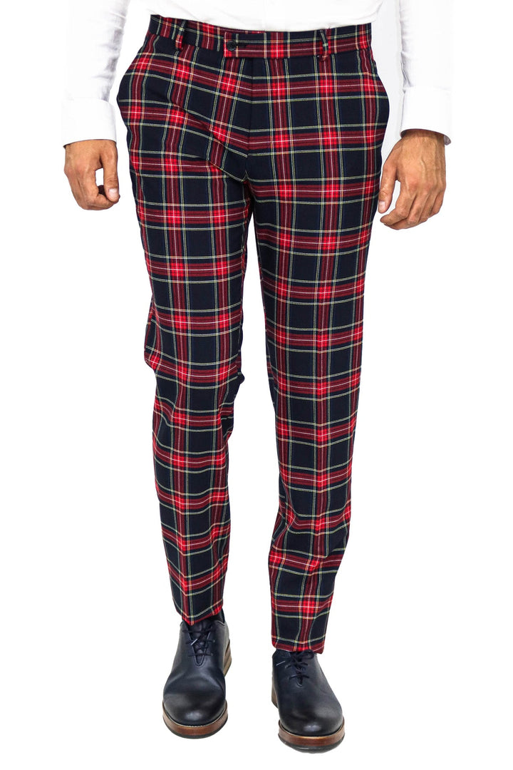 WSS Slim Fit Plaid Men Navy Blue Pants  - Singen