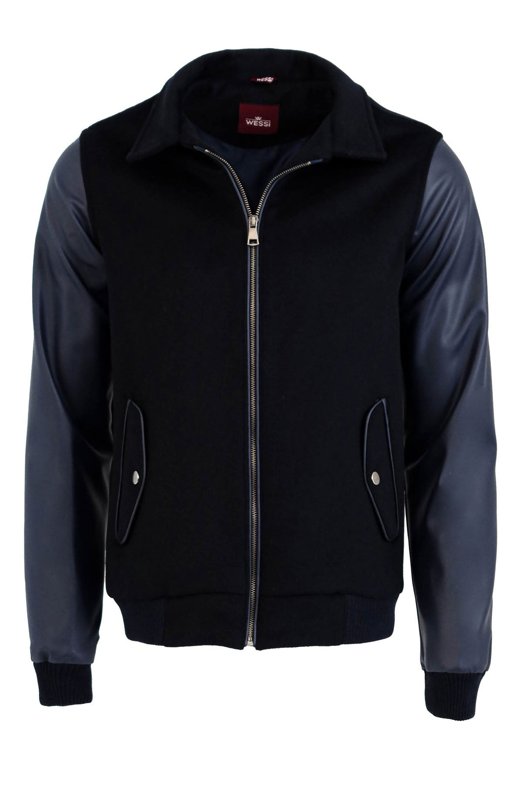 WSS Leather Sleeve Navy Blue Cachet Coat  - Singen