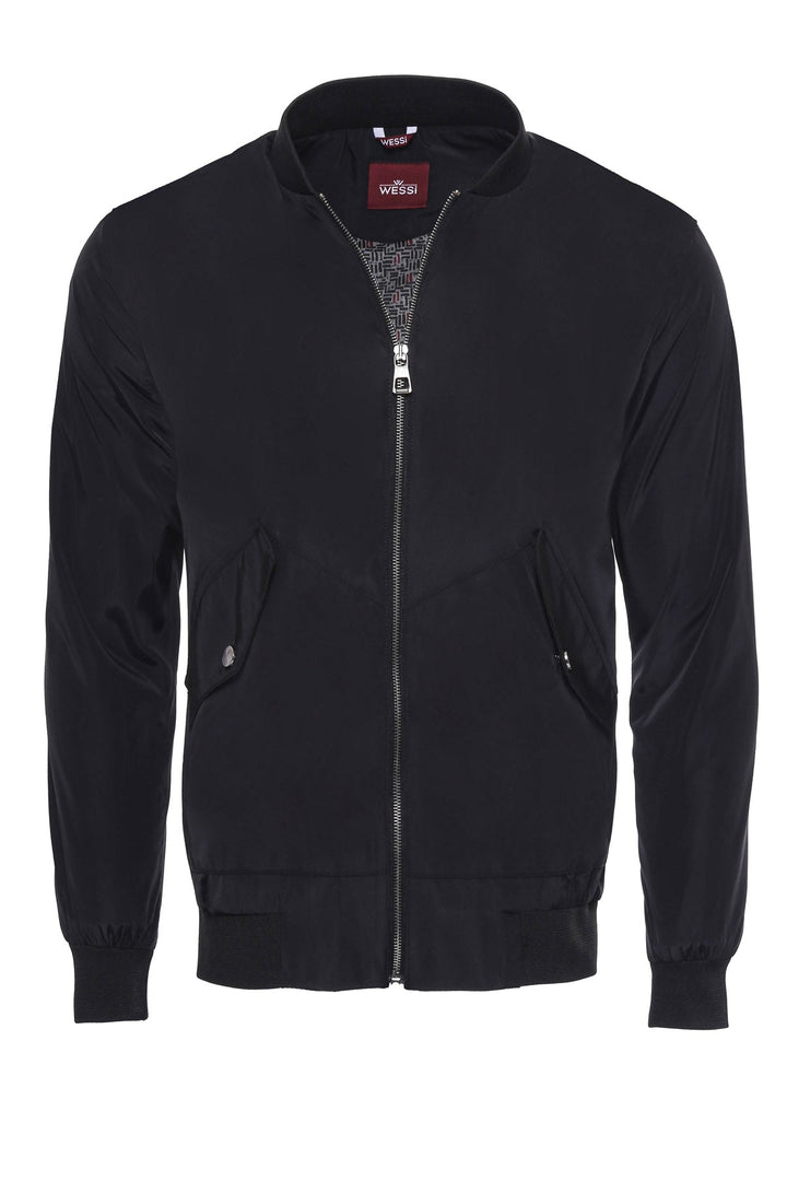 WSS Flap Pockets Zippered Black Men Bomber Coat  - Singen