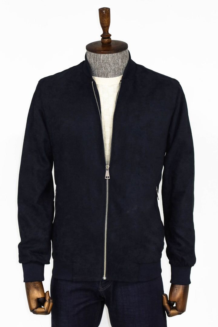 WSS Plain Zippered Pockets Navy Blue Men Bomber Coat  - Singen