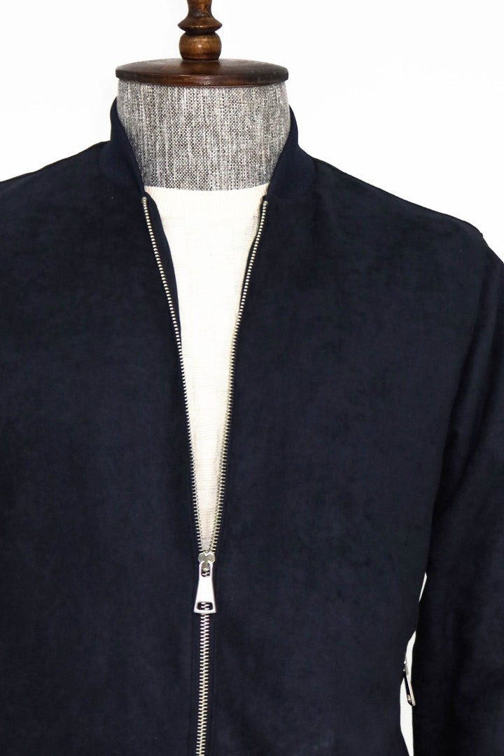 WSS Plain Zippered Pockets Navy Blue Men Bomber Coat  - Singen