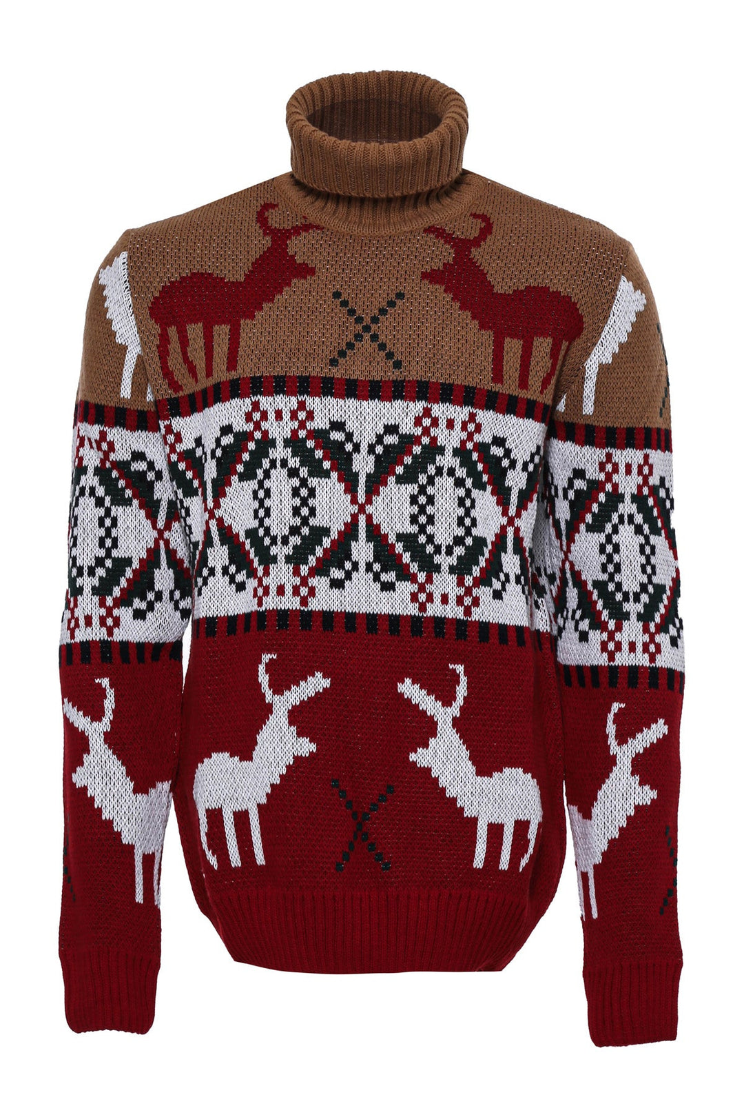 WSS Deer Patterned Christmas Themed Turtleneck Red Beige Men Sweater  - Singen