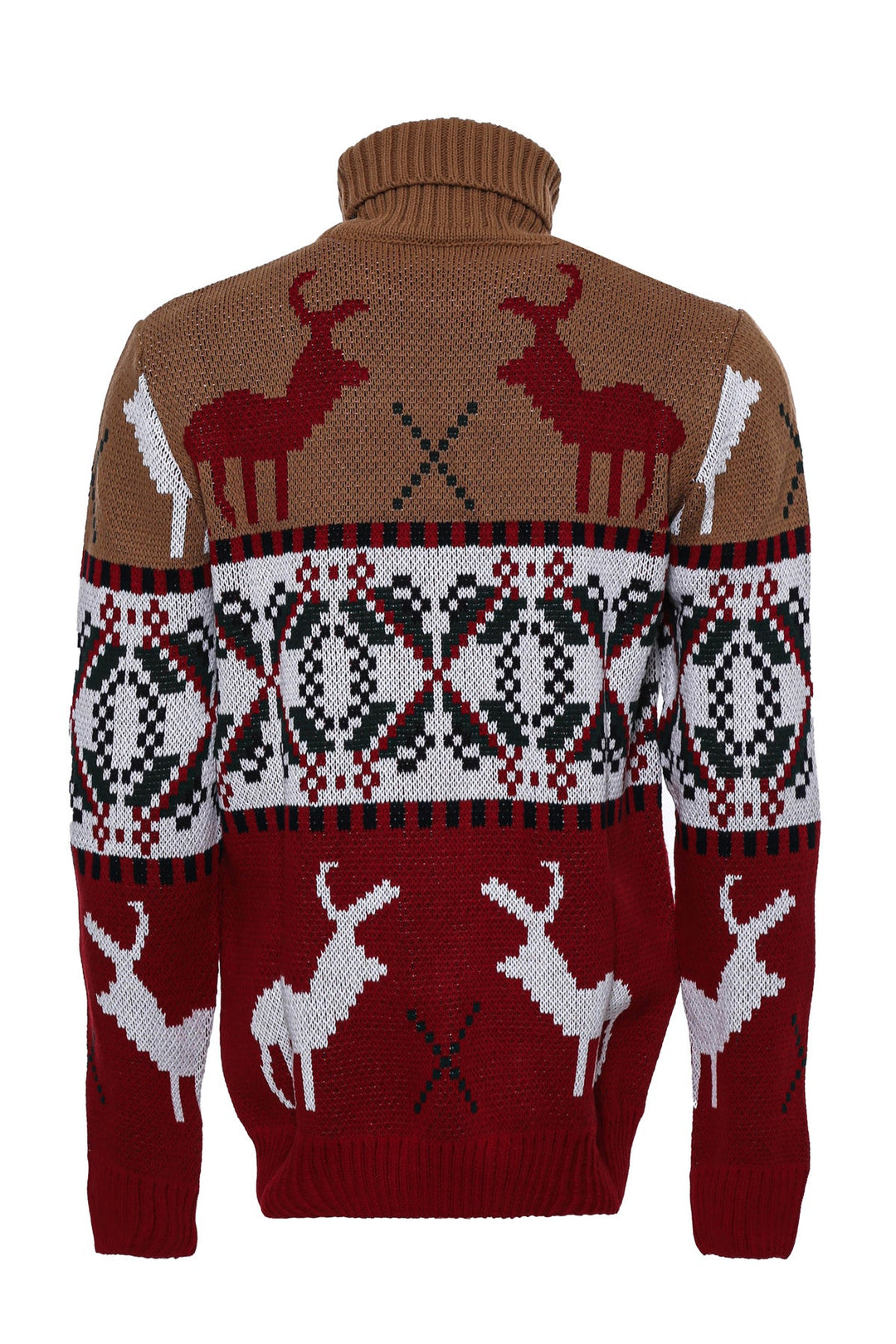 WSS Deer Patterned Christmas Themed Turtleneck Red Beige Men Sweater  - Singen