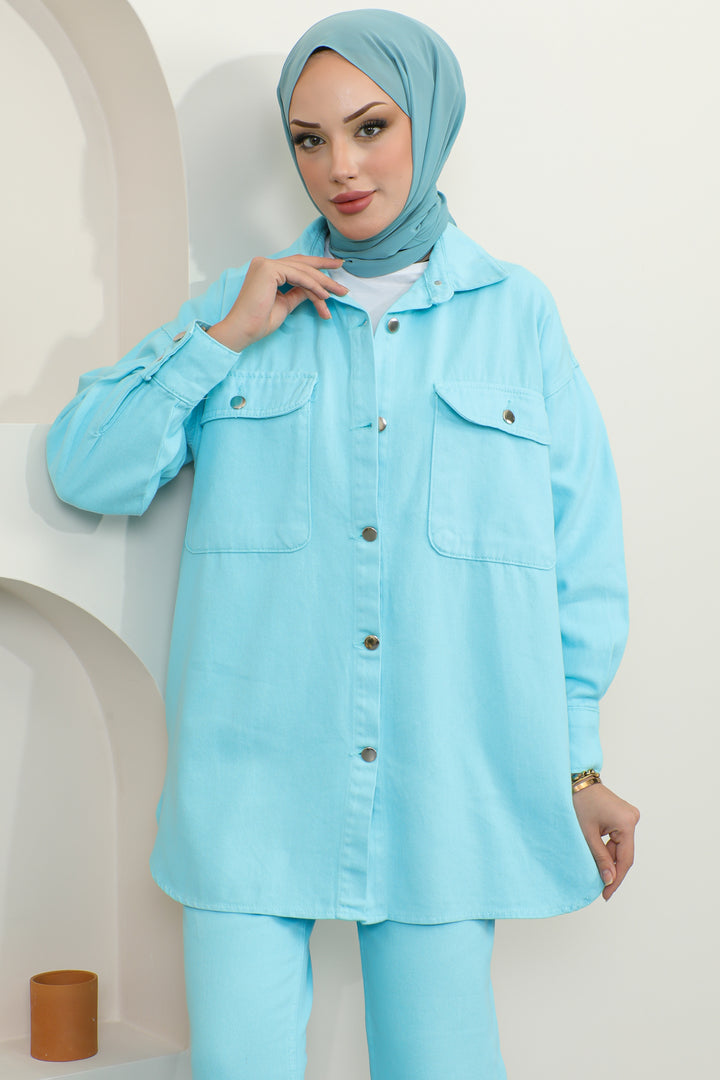 BNG Women Jacket Trousers Hijab Two-Piece Denim Suit Turquoise - Clermont