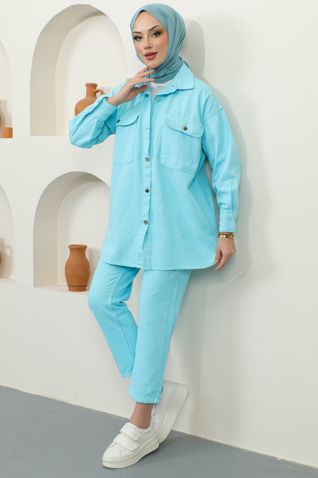 BNG Women Jacket Trousers Hijab Two-Piece Denim Suit Turquoise - Clermont