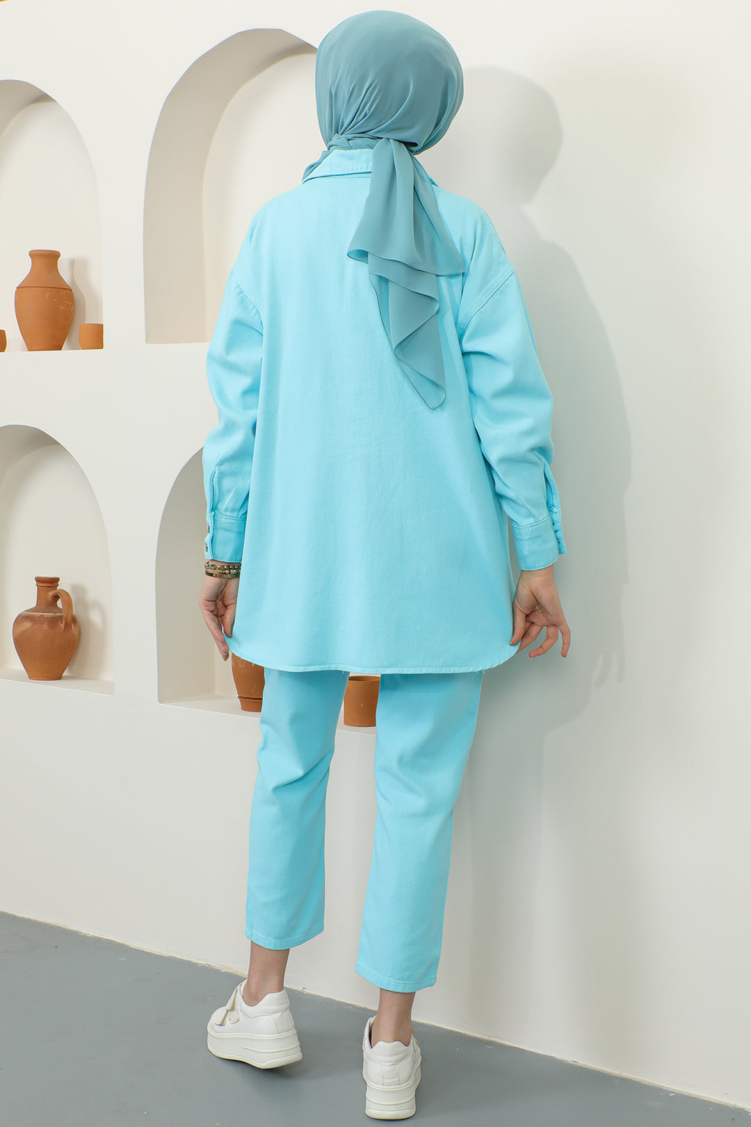 BNG Women Jacket Trousers Hijab Two-Piece Denim Suit Turquoise - Clermont