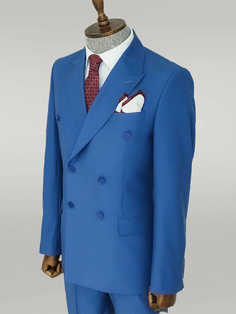 WSS Wide Peak Lapel Striped Slim Fit Blue Men Double-Breasted Suit  - Singen