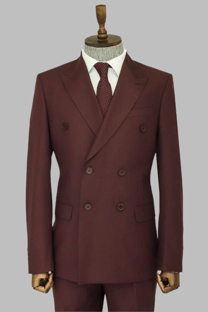 WSS Wide Peak Collar Slim Fit Burgundy Men Double-Breasted Suit  - Singen