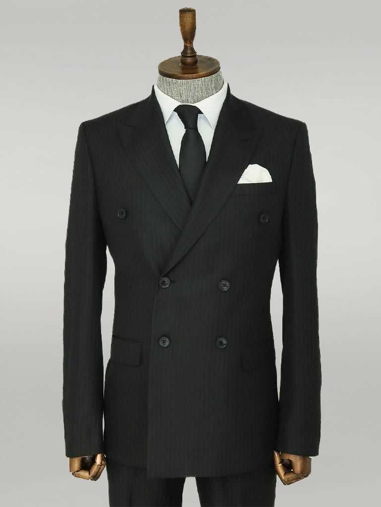 WSS Striped Wide Collar Black Men Double-Breasted Suit  - Singen