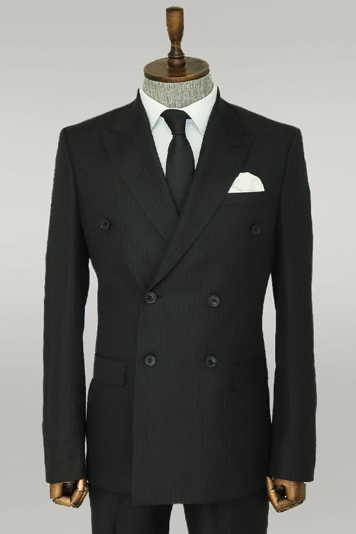 WSS Striped Wide Collar Black Men Double-Breasted Suit  - Singen