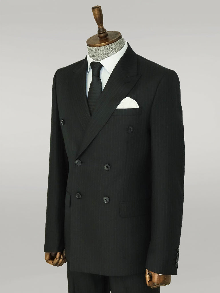 WSS Striped Wide Collar Black Men Double-Breasted Suit  - Singen