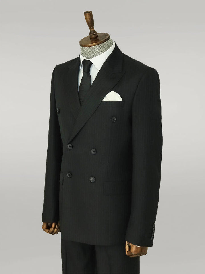 WSS Striped Wide Collar Black Men Double-Breasted Suit  - Singen