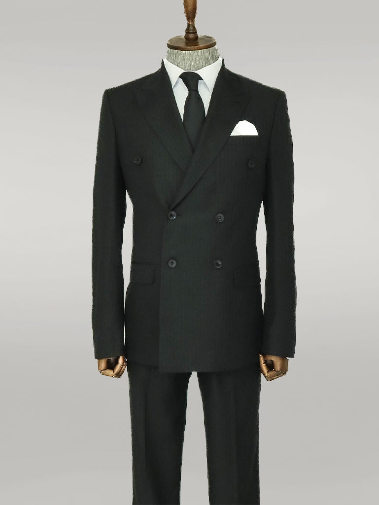 WSS Striped Wide Collar Black Men Double-Breasted Suit  - Singen