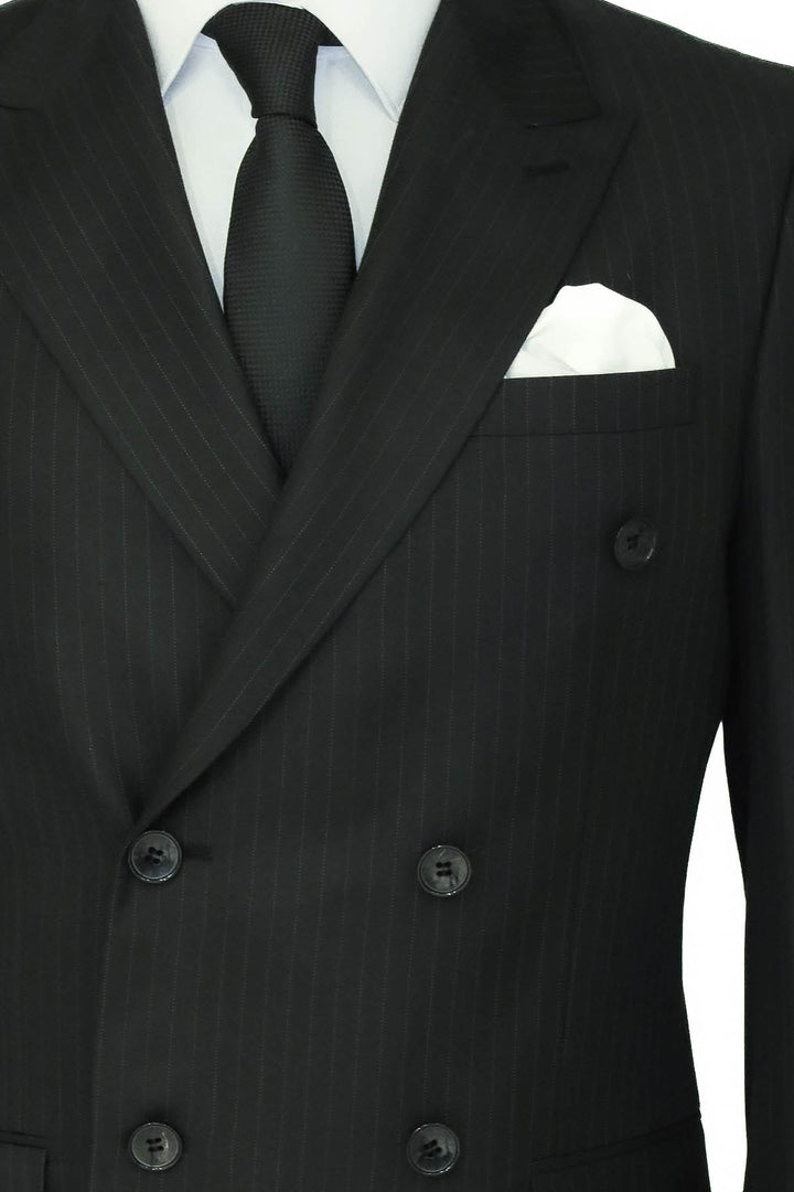 WSS Striped Wide Collar Black Men Double-Breasted Suit  - Singen