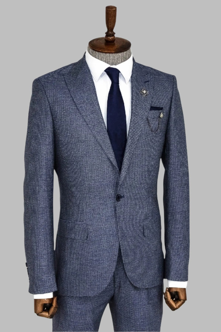 WSS Slim Fit Houndstooth Patterned 2 Piece Navy Blue Men Suit  - Singen