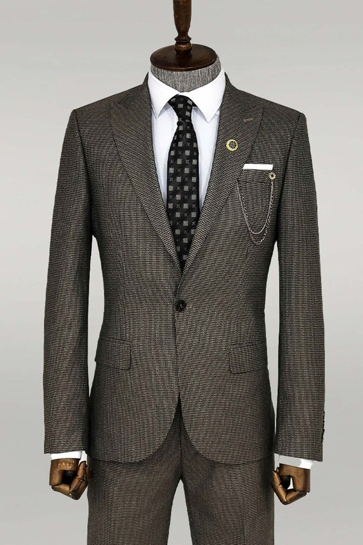 WSS Slim Fit Houndstooth Patterned 2 Piece Brown Men Suit  - Singen