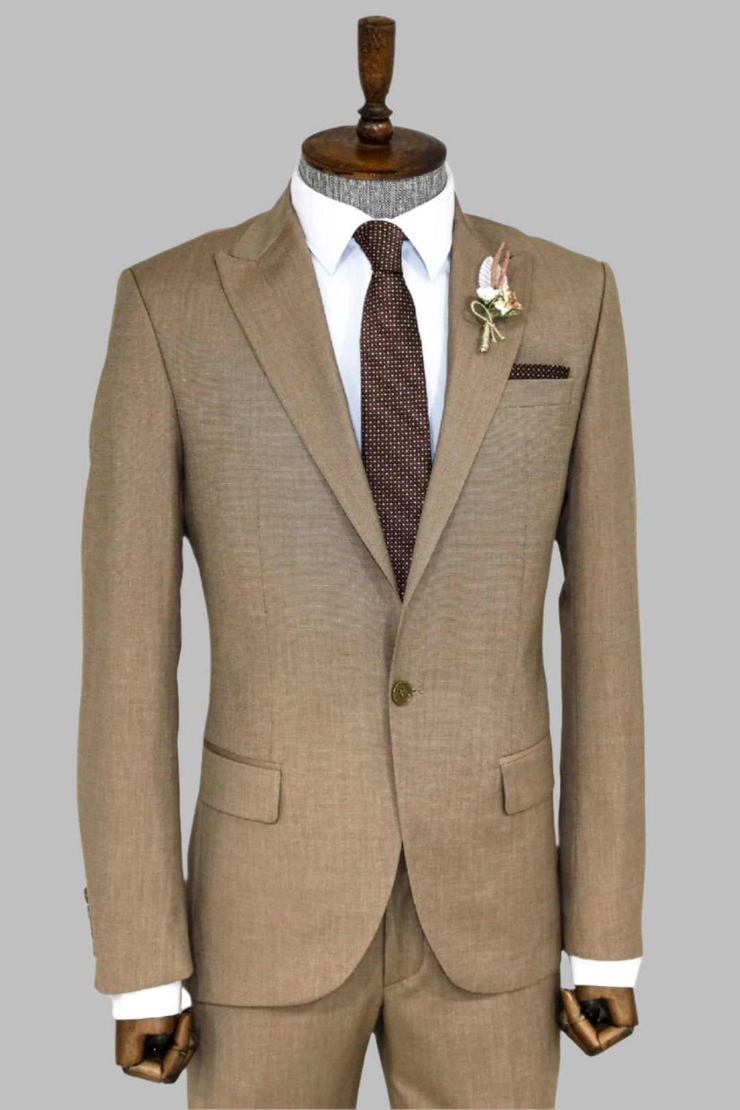 WSS 2 Piece Patterned Slim Fit Dark Beige Men Suit  - Singen