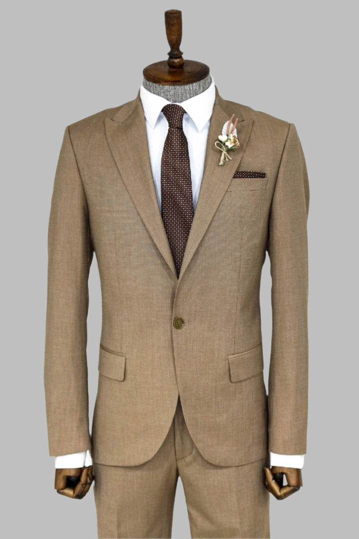 WSS 2 Piece Patterned Slim Fit Dark Beige Men Suit  - Singen