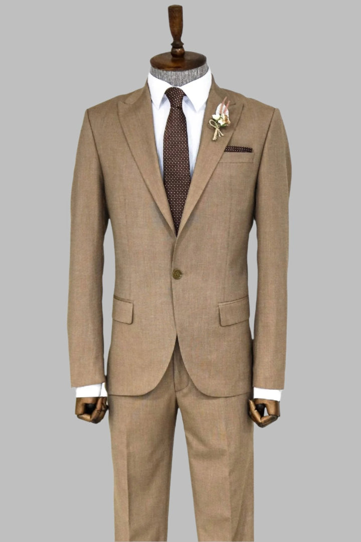 WSS 2 Piece Patterned Slim Fit Dark Beige Men Suit  - Singen