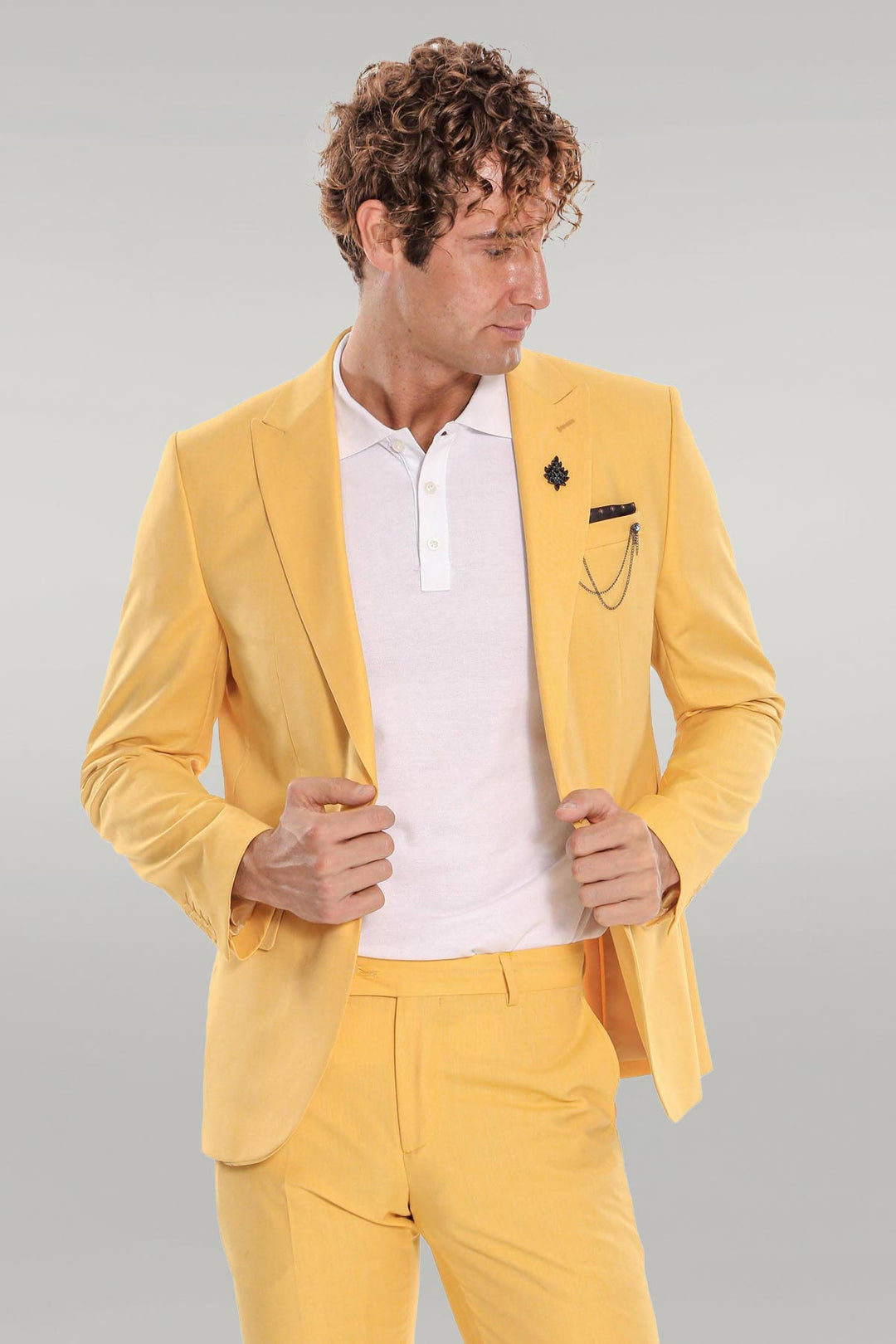 WSS 2 Piece Patterned Slim Fit Yellow Men Suit  - Singen