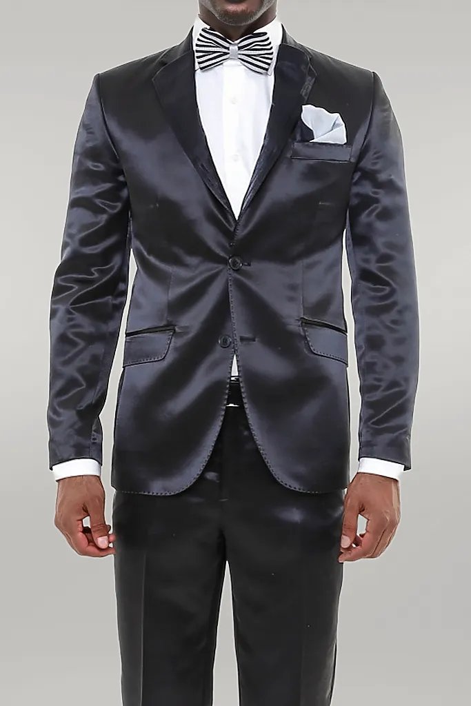 WSS Two Piece Two Buttons Modeled Lapel Satin Black Men Groom Suit - Singen