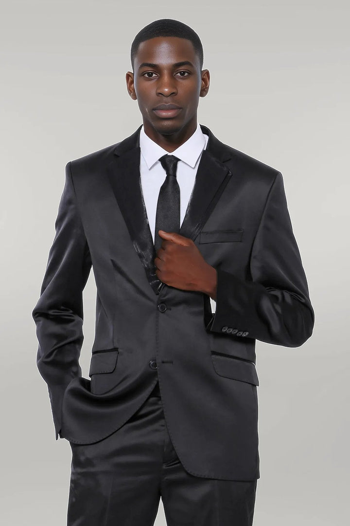 WSS Two Buttons Two Piece Shiny Black Men Suit  - Singen