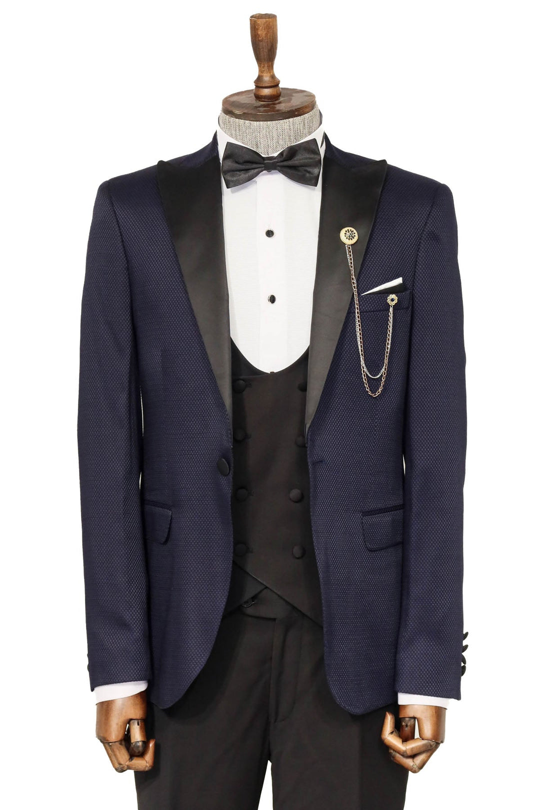 WSS Patterned Combined Navy Blue Men Tuxedo  - Singen