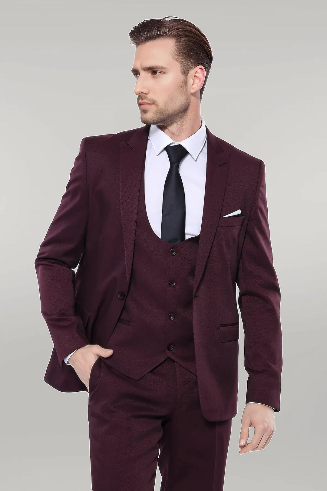 WSS Patterned Claret Red Vested Suit - Singen