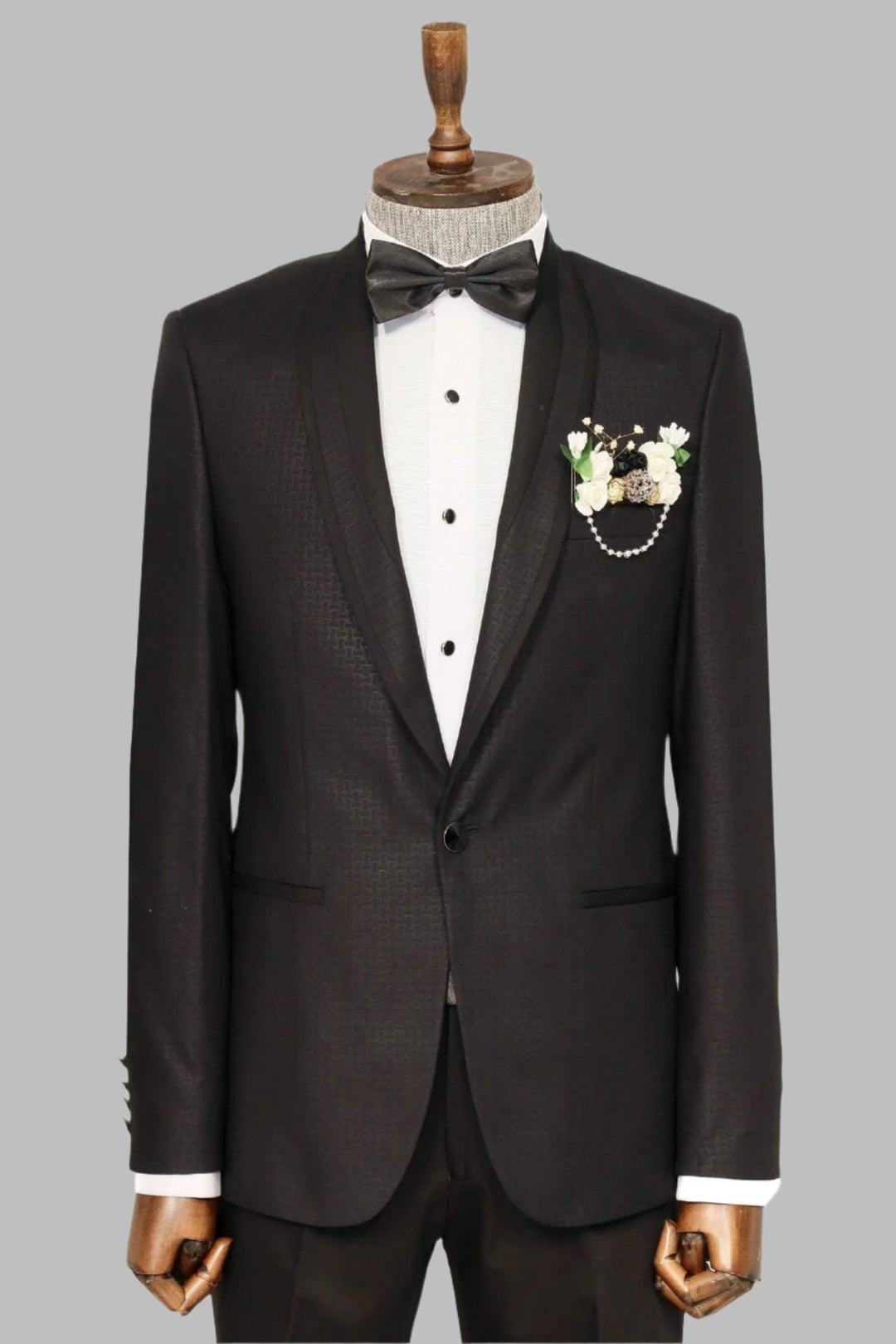 WSS Shawl Lapel Patterned Black Men Wedding Suit  - Singen