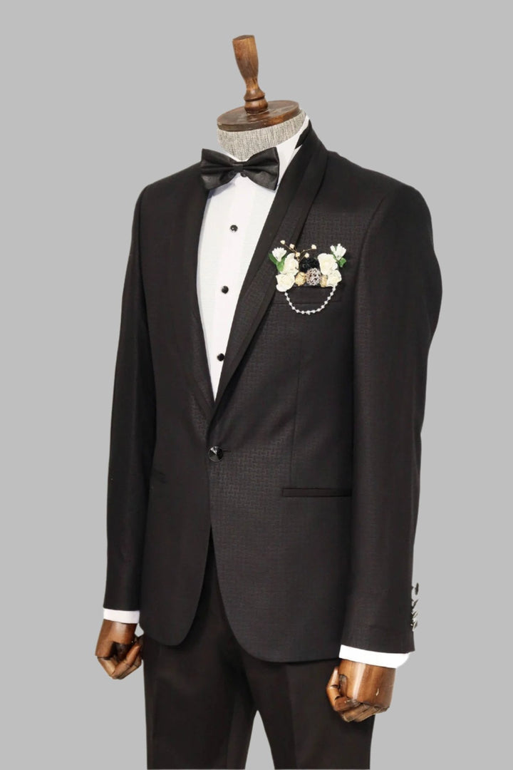 WSS Shawl Lapel Patterned Black Men Wedding Suit  - Singen