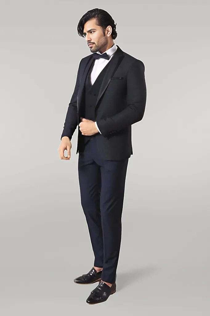 WSS Dot Patterned Vested Dark Blue Wedding Suit   - Singen