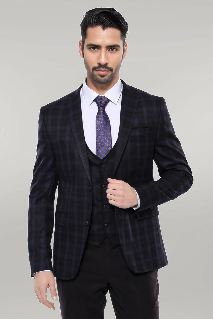 WSS Black Plaid Men's Winter 3 Piece Suit  - Singen