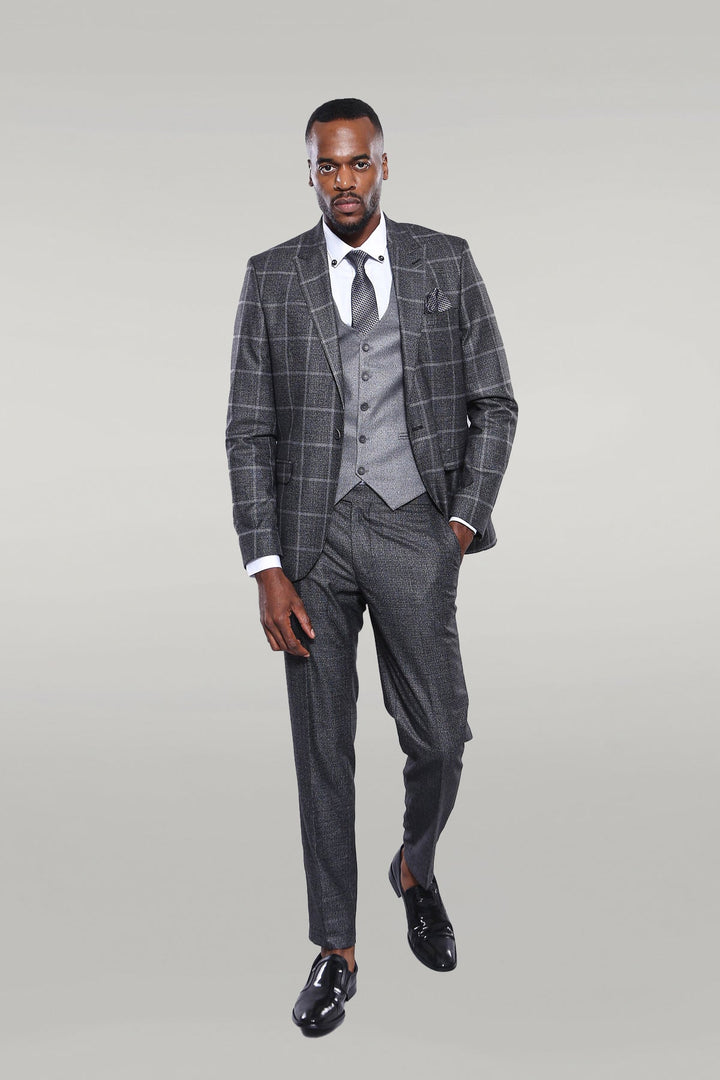 WSS Anthracite  Blue Plaid 3 Piece Slim Fit Suit  - Singen