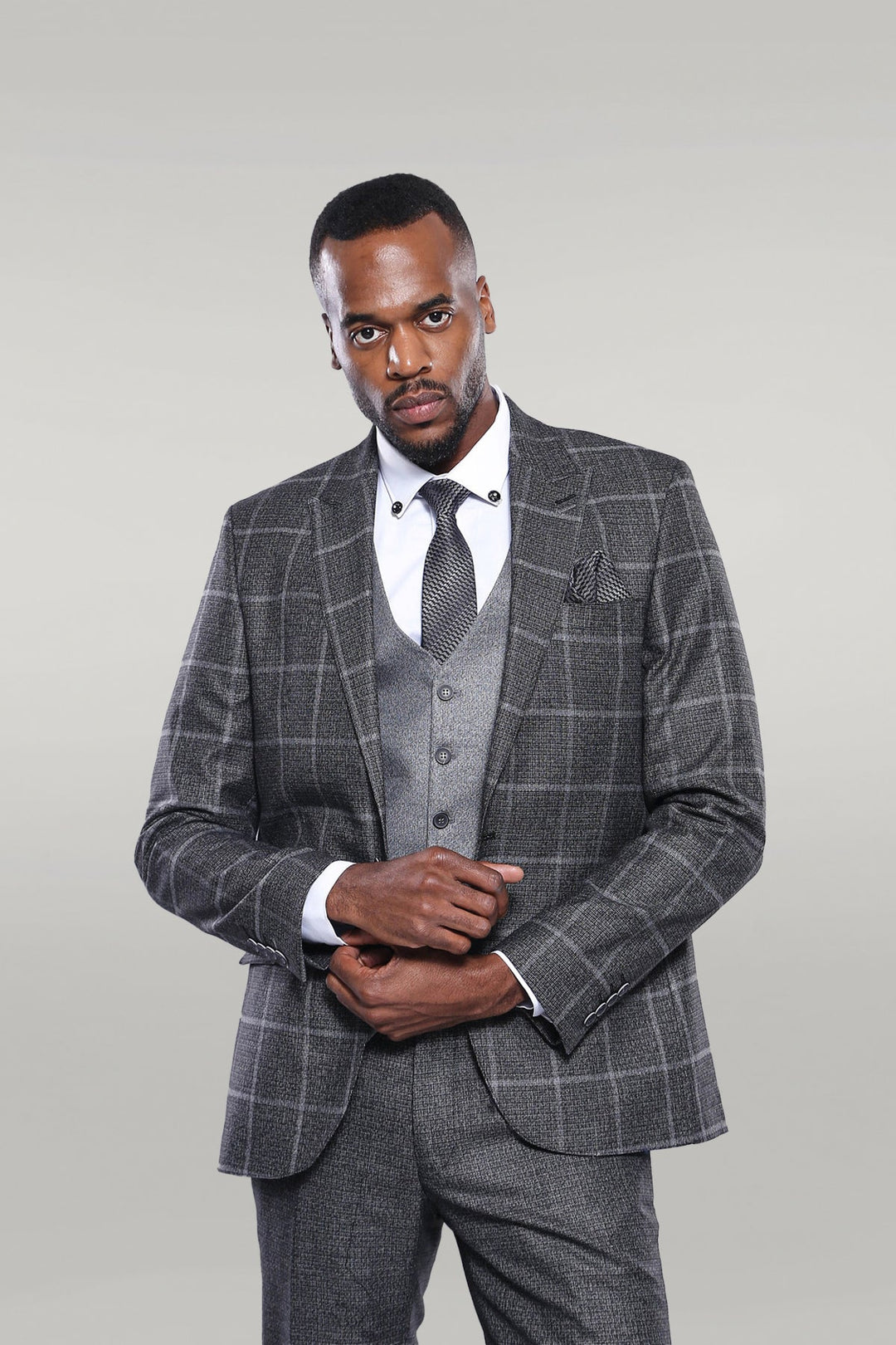 WSS Anthracite  Blue Plaid 3 Piece Slim Fit Suit  - Singen