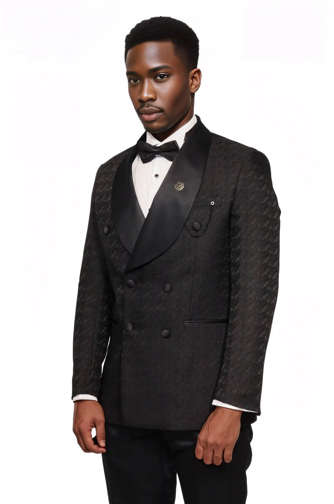 WSS Satin Shawl Collar Patterned Double Breasted Black Men Tuxedo Suit  - Singen