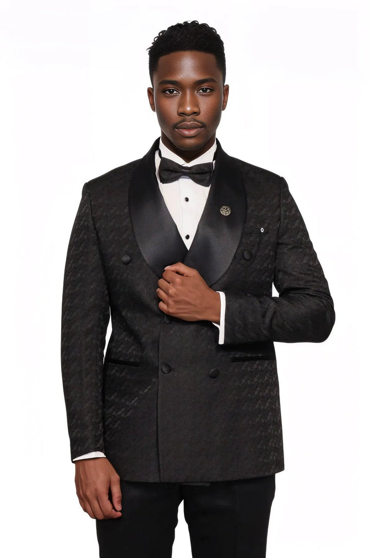 WSS Satin Shawl Collar Patterned Double Breasted Black Men Tuxedo Suit  - Singen