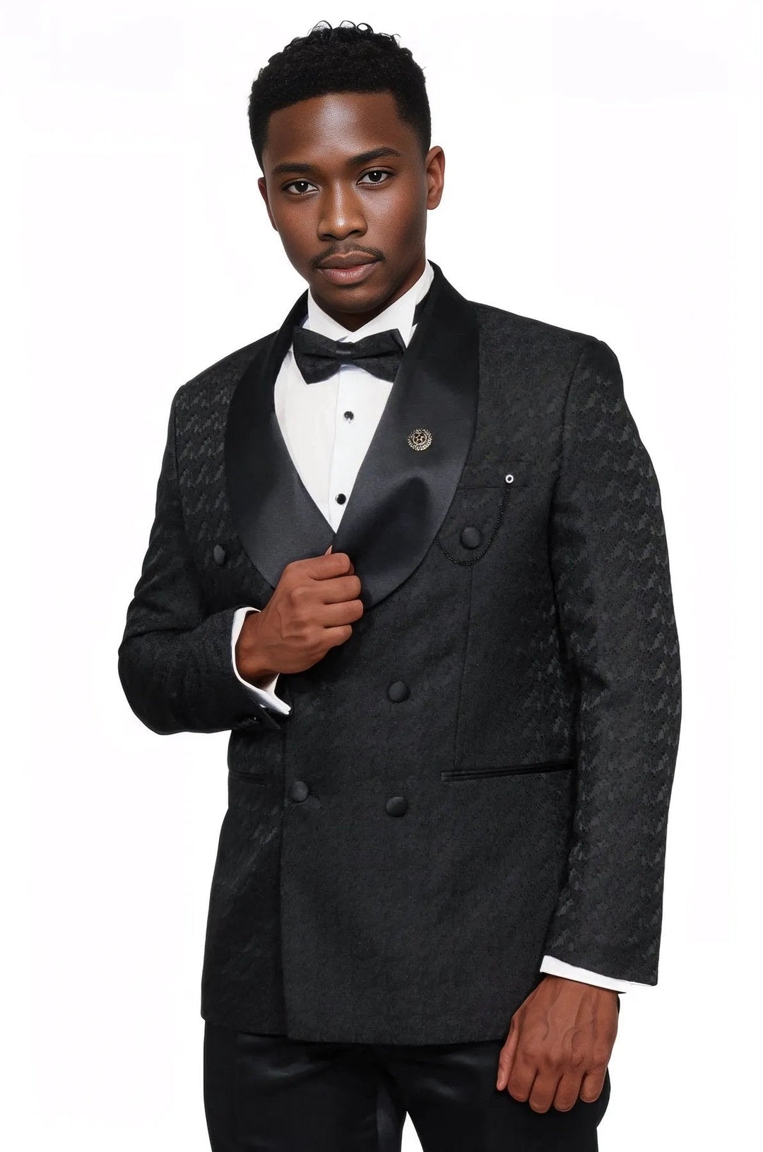 WSS Satin Shawl Collar Patterned Double Breasted Black Men Tuxedo Suit  - Singen