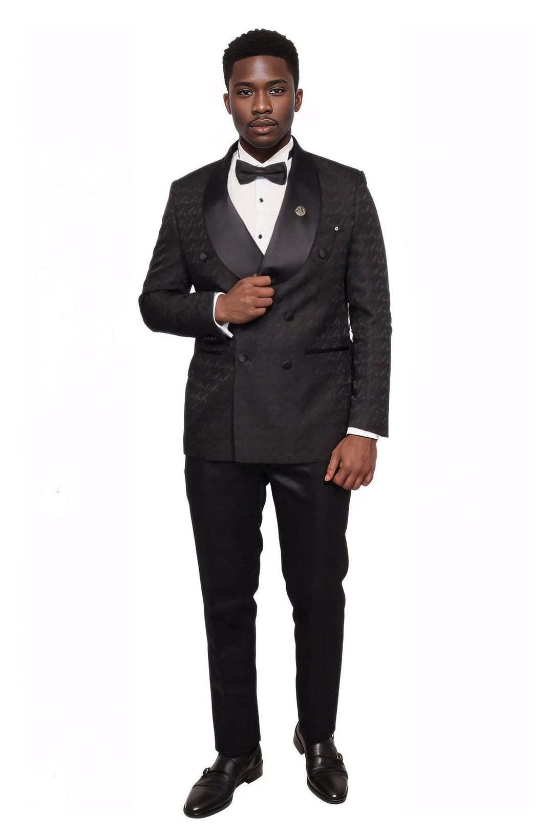 WSS Satin Shawl Collar Patterned Double Breasted Black Men Tuxedo Suit  - Singen