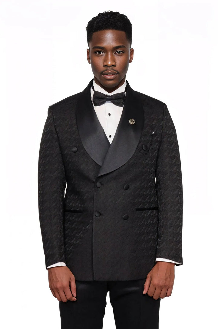 WSS Satin Shawl Collar Patterned Double Breasted Black Men Tuxedo Suit  - Singen