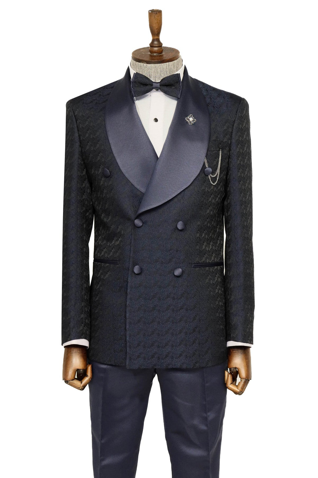 WSS Satin Shawl Collar Patterned Double Breasted Navy Blue Men Tuxedo Suit  - Singen