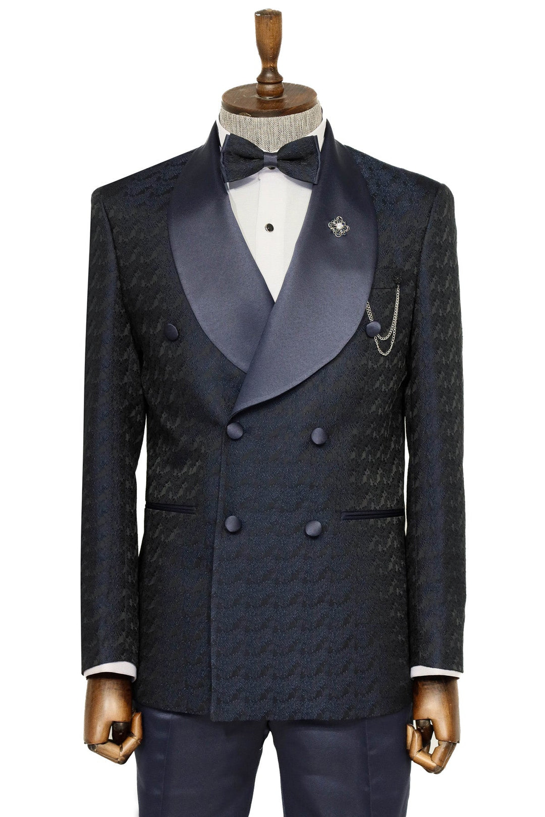 WSS Satin Shawl Collar Patterned Double Breasted Navy Blue Men Tuxedo Suit  - Singen