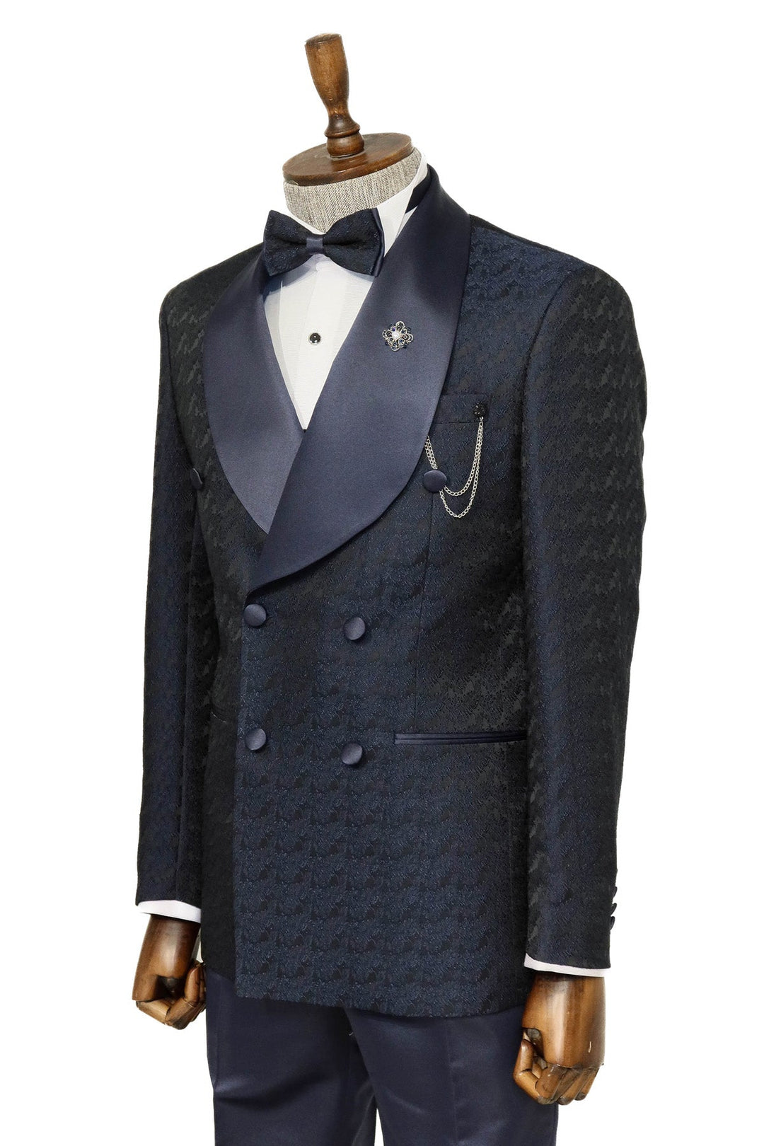 WSS Satin Shawl Collar Patterned Double Breasted Navy Blue Men Tuxedo Suit  - Singen