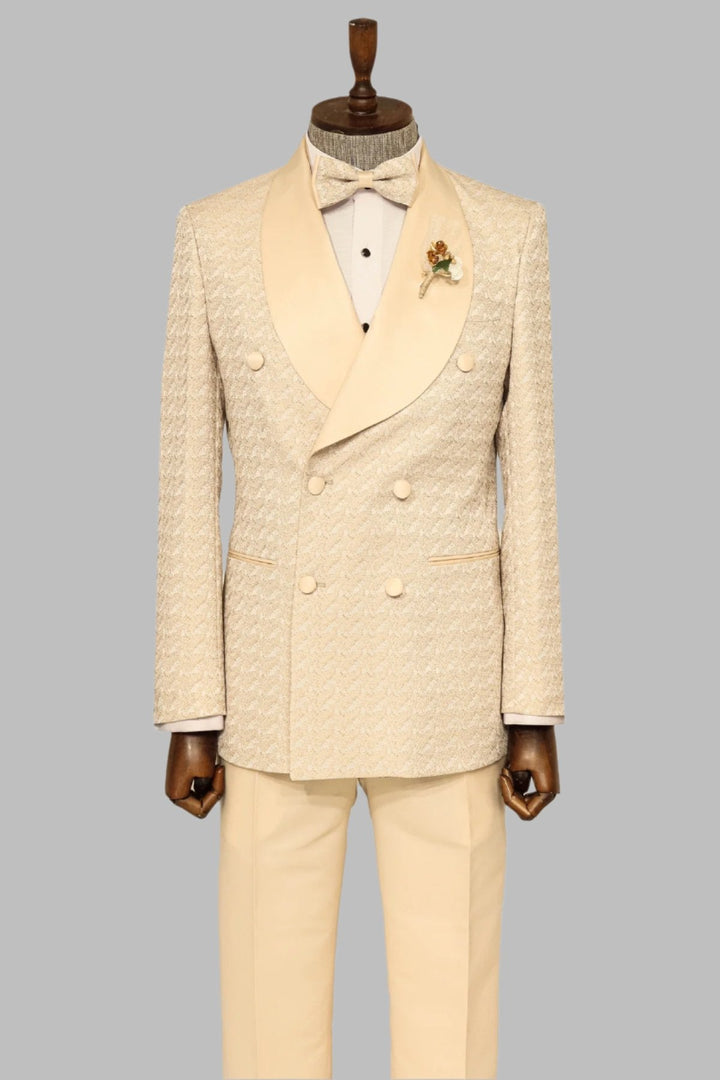 WSS Satin Shawl Collar Patterned Double Breasted  Champagne Men Tuxedo Suit  - Singen