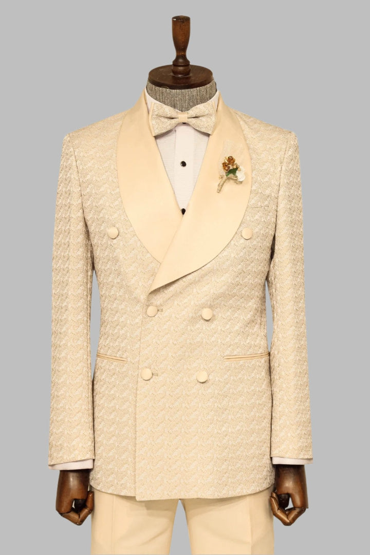 WSS Satin Shawl Collar Patterned Double Breasted  Champagne Men Tuxedo Suit  - Singen